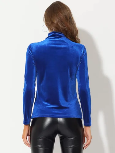 Vista 4 de Allegra K Blusa básica de terciopelo de manga larga con cuello alto para mujer
