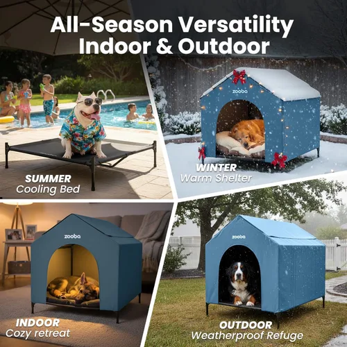 Vista 7 de Casa para perros 2 en 1 de 42" pulgadas para perros medianos, casa elevada para perros al aire libre e interior, refugio de cachorros en exteriores