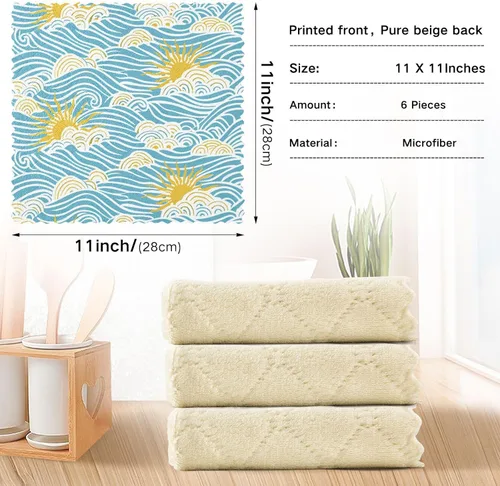 Vista 3 de Toallas retro con ondas de sol para secar platos, paquete de 6 toallas de mano de algodón para decoración de cocina, tallas para ropa de 11 x 11