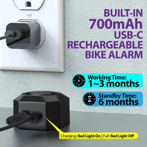 Vista 6 de Fosmon Alarma de bicicleta recargable USB-C con control remoto, impermeable IP55, inalámbrica, sensor de vibración y movimiento de 110dB, sistema