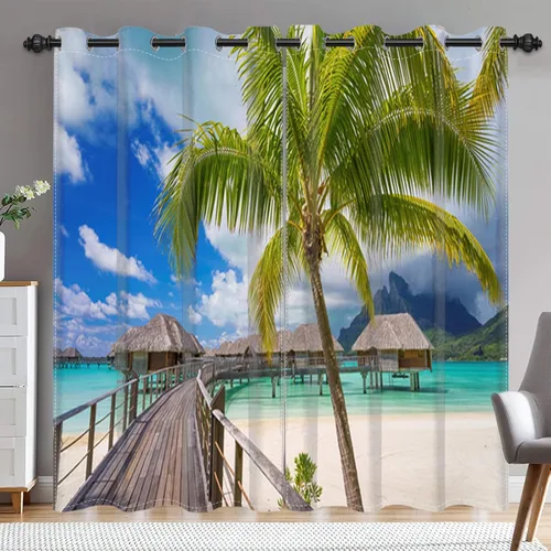 Vista 9 de Renaiss Cortinas opacas junto al mar, palmera de coco, tropical, para ventana de playa, dormitorio, cortinas de ventana con ondas oceánicas azules
