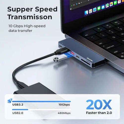 Vista 4 de RayCue Adaptador USB C para MacBook Pro/Air M1 M2 2023 2022 2021 13" 15" 16", accesorios 6 en 2 MacBook Pro con 10Gbps 2* USB 3.2, transferencia