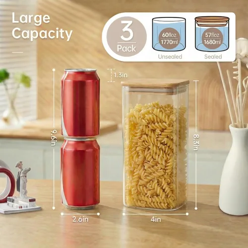 Vista 3 de 57oz - Paquete de 3 tarros cuadrados de vidrio con tapas de bambú, recipientes de almacenamiento de alimentos de vidrio con tapas herméticas