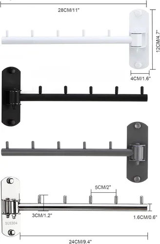 Vista 2 de Paquete de 2 percheros plegables de pared con brazo oscilante de acero inoxidable resistente para baño, dormitorio, cuarto de servicio