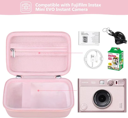 Vista 3 de Funda de transporte compatible con cámara instantánea Fujifilm Instax Mini EVO, bolsa de viaje con bolsillo de malla para fotos, cables USB Negro