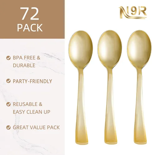 Vista 2 de N9R 72 cucharas de plástico doradas, sólidas, duraderas, resistentes, cubiertos de plástico dorado desechables para fiestas, bodas y cenas