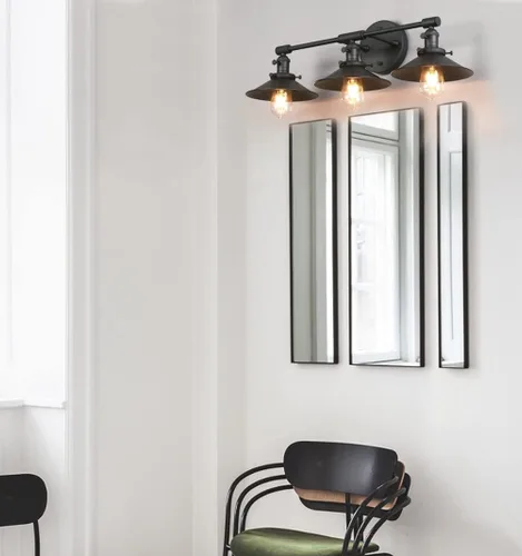 Vista 3 de Phansthy Lámparas de tocador de baño, 3 lámparas de pared con pantalla de metal negro de 7.9 pulgadas, luces de pared para espejo, cocina, sala