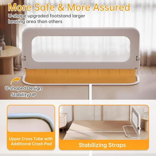 Vista 6 de Barandilla de protección para cama de bebé para niños pequeños, altura ajustable de 59 pulgadas, barandilla de cama abatible, barandilla lateral
