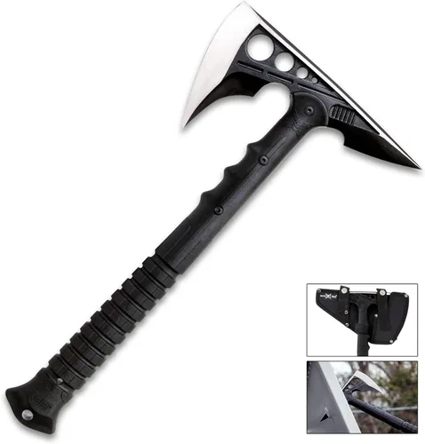 Vista 2 de M48 Destroyer Tactical Tomahawk - Cabeza de hacha de acero inoxidable fundido con revestimiento de óxido negro y acabado satinado, mango moldeado