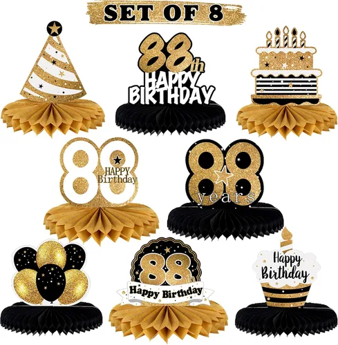 Vista 8 de LINGTEER Decoración de mesa de papel para pastel de 10 cumpleaños, color negro y dorado - Juego de 8 piezas, globos de estrella de pastel, centro