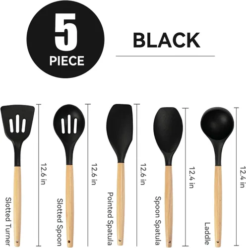 Vista 3 de Juego de utensilios de cocina de silicona antiadherentes, 5 piezas con mango de madera, accesorios de cocina de silicona resistentes al calor (negro)