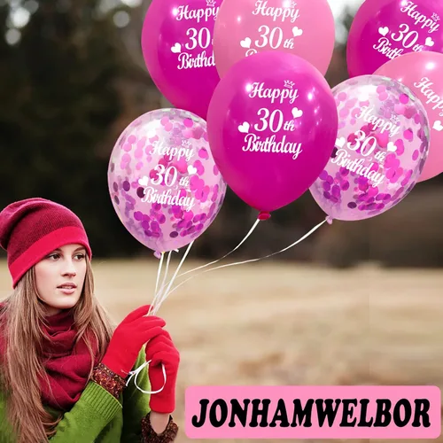 Vista 4 de JONHAMWELBOR Globos de Feliz 30º Cumpleaños (30 piezas de 12 pulgadas) Rosa Intenso y Rosa Látex Inflables Confeti Aniversario Fiesta Globos