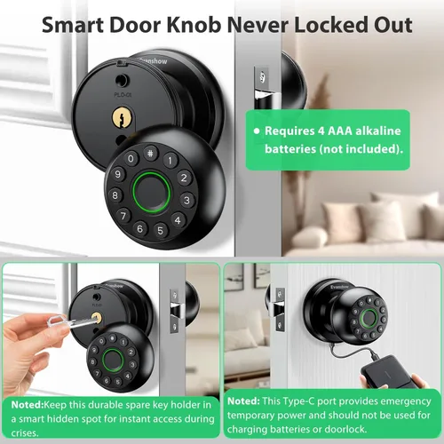 Vista 5 de Manija de puerta inteligente con cerradura de huella dactilar 4-en-1, entrada sin llave (huella dactilar/aplicación/código/llave), puerta biométrica