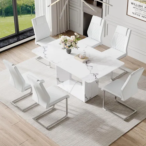 Vista 7 de Mesa de comedor rectangular de 63 pulgadas para 4-6 personas, mesa de cocina de color madera, mesas de comedor rectangulares de estilo moderno