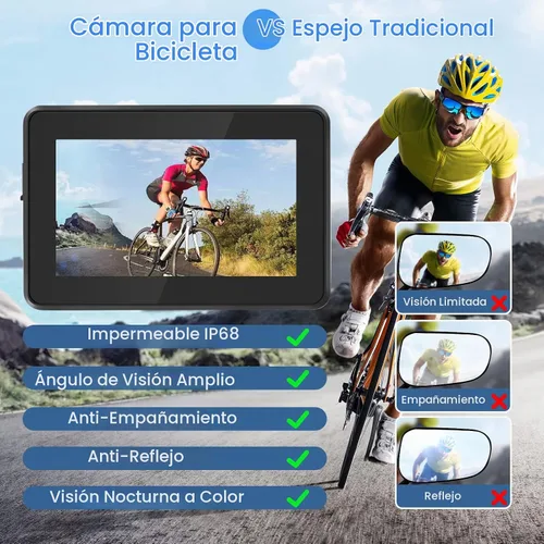 Vista 3 de Espejo de bicicleta para bicicleta, cámara de visión trasera de bicicleta 1080P con pantalla de 4.3 pulgadas, cámara de visión nocturna a color gran