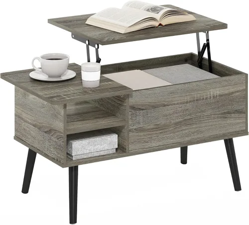 Vista 9 de Furinno Jensen - Mesa auxiliar de madera con parte superior elevadora de patas con compartimento oculto y estante lateral abierto para sala