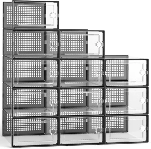 Kuject Cajas grandes de almacenamiento de organizadores de zapatos para armario, paquete de 12 contenedores apilables de plástico transparente con