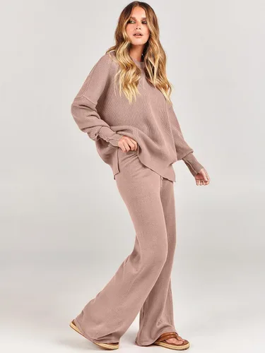 Vista 3 de ANRABESS Conjunto de 2 piezas para mujer, conjunto de suéter de gran tamaño y pantalones de pierna ancha, conjunto de descanso grueso para otoño