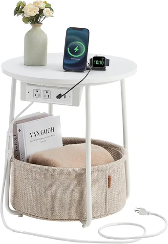 Vista 13 de VASAGLE LILEA Collection - Side Table with Charging Station, Round End Table with Fabric Basket
