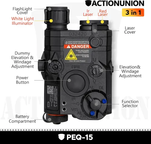 Vista 2 de ACTIONUNION Airsoft PEQ-15 - Láser IR + láser rojo visible + linterna LED blanca