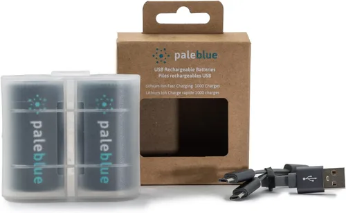 Vista 2 de Pale Blue - Baterías recargables D con cargador USB, iones de litio de 1.5 V 5000 mAh, se cargan menos de 3.25 horas, más de 1000 ciclos, cable