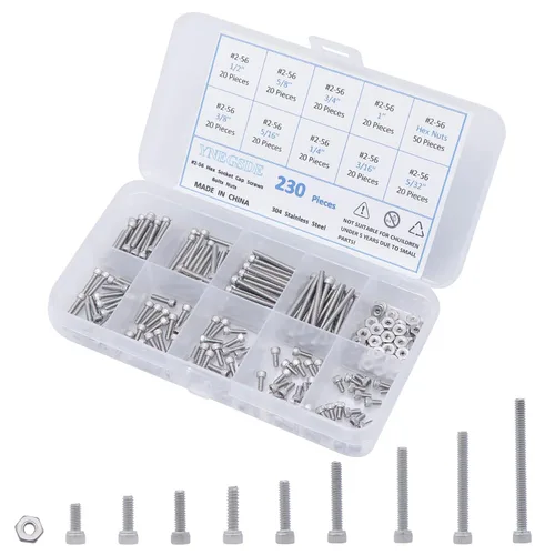 Vista 4 de Kit surtido de tornillos de cabeza hexagonal, tornillos y tuercas 2-56 UNC, kit surtido de tornillos de máquina 304 de acero inoxidable 304, rosca
