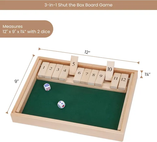 Vista 2 de Bits and Pieces - Juego de mesa grande Shut The Box - Juego de mesa 3 en 1 - Juego de mesa de 12 dados - Caja de juego de mesa de pub de madera - 2