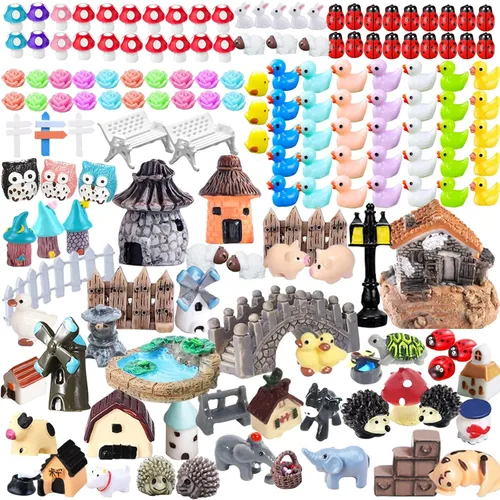 162 piezas de accesorios de jardín de hadas en miniatura, kit de jardín de hadas, incluye animales, mini casas, figuras en miniatura, micro adornos