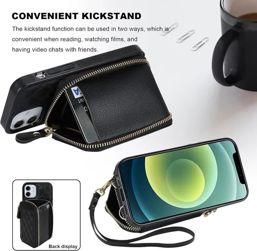 Vista 5 de Bocasal Funda tipo cartera cruzada para iPhone 12 Mini, bloqueo RFID, de piel sintética, con cremallera, funda tipo cartera con función atril