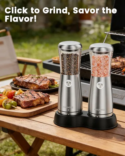 Vista 8 de Juego de Molinillo Eléctrico de Sal y Pimienta - Juego Automático de Molinillo de Sal y Pimienta Recargable de Acero Inoxidable con Base