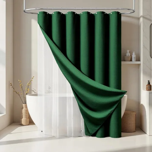 Vista 116 de Cortina de ducha de tela Dynamene verde oscuro - Cortinas de baño de tela de nido de abeja texturizadas resistentes, juego de cortinas de baño