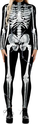 Vista 23 de Disfraz de esqueleto de calavera para mujer, overol de una pieza para Halloween Esqueleto gris-2