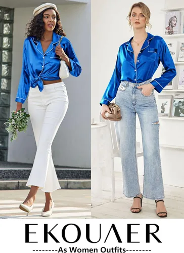 Vista 4 de Ekouaer Conjunto de pijama de satén largo clásico de verano para mujer