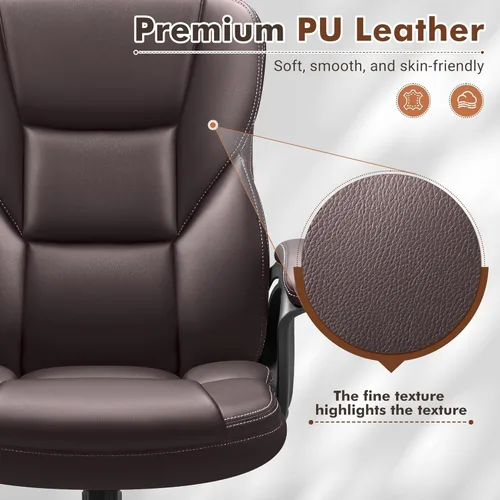 Vista 5 de Shahoo Silla de oficina ejecutiva, sillón ergonómico de piel sintética con respaldo alto para escritorio en casa con ruedas, color marrón