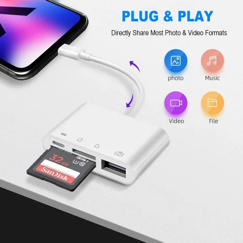 Vista 2 de Lector de tarjetas SD para iPhone con puertos Lightning, lector de tarjetas de memoria con puerto de carga, adaptador de visor de tarjetas de cámara