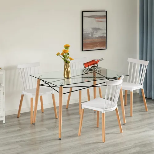 Vista 2 de Mesa de comedor moderna con parte superior de cristal, mesa estrecha rectangular para 4, patas de haya de madera maciza, mesa de acento que ahorra