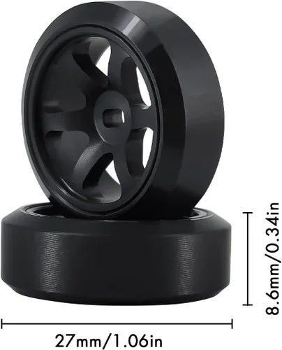 Vista 3 de Llantas de rueda de 6 radios y neumáticos de deriva de coche RC para 1/28 RC Hobby modelo, [2 estrechos+2 anchos] 4 llantas de aleación de aluminio