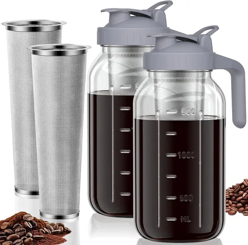 Vista 16 de Jarra de cafetera de infusión fría, jarra de vidrio de albañil de 32 oz con pico y tapa gruesa con asa y filtro de acero inoxidable para café