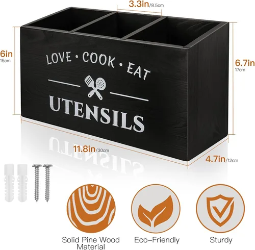 Vista 2 de MINCORD Soporte para utensilios de cocina con 3 compartimentos, caja organizadora de almacenamiento de madera rústica, caja organizadora