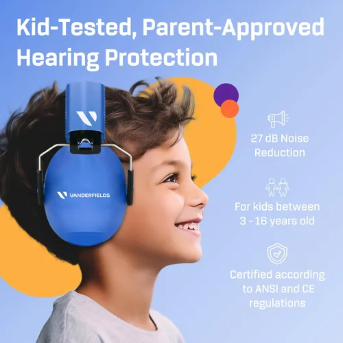 Vista 2 de Vanderfields Hearing Protection Ear Muffs - Over 33 dB (2K Hz) Broad Noise Cancelling Sound Reduction Earmuffs for Kids 3-12 Azul claro