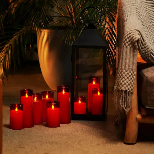 Vista 2 de Homemory juego de 9 velas parpadeantes sin llama, de color rojo navideño, velas LED acrílicas que funcionan con pilas, con control remoto