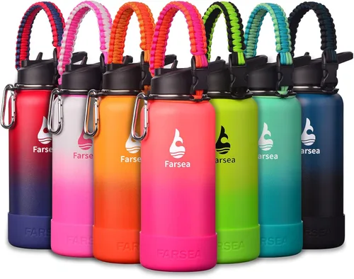 Vista 60 de Botella de agua Farsea aislada con asa de paracord, protector y 2 tapas (tapa de pajita y tapa de boquilla), de acero inoxidable, boca ancha, doble