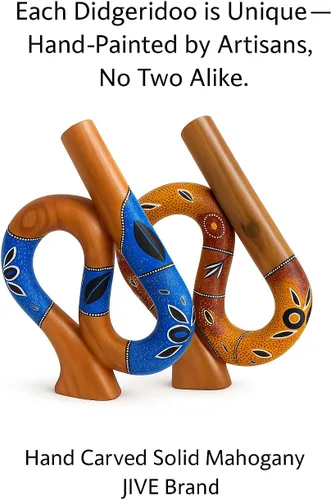 Vista 3 de Didgeridoo en forma de S de madera de caoba de JIVE – Tallado a mano, pintado a mano, tamaño de viaje con tono resonante profundo, popular