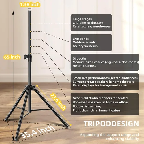 Vista 3 de Soporte de trípode para altavoces de escenario, altura ajustable de 89 a 152 cm, universal, resistente, inserto compatible de 35 mm