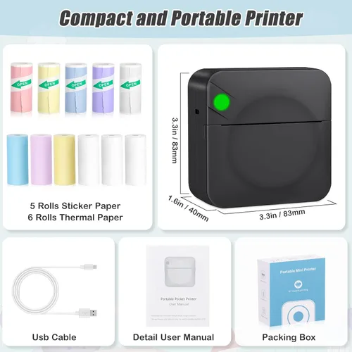 Vista 7 de Zeacool - Mini impresora de adhesivos, mini impresora térmica de bolsillo con 11 rollos de papel, impresora inalámbrica sin tinta Bluetooth