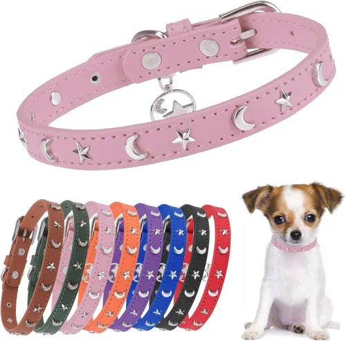 Vista 8 de Collar de cuero para perros pequeños y medianos, collar ajustable con remache de estrella y luna con hebilla de metal inoxidable y dijes, collares