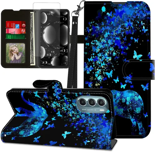 Vista 163 de Funda para Motorola Edge 2022 con protector de pantalla, soporte y tarjetero y correa para la muñeca, funda magnética para Moto Edge 2022 5G UW Lobo