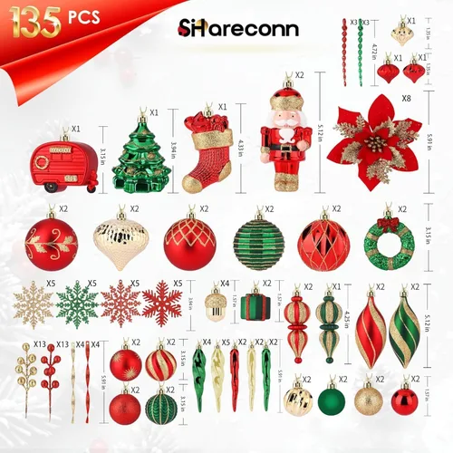 Vista 4 de SHareconn Paquete de 135 adornos de Navidad, bolas de Navidad de plástico irrompibles para decoraciones de árbol con cuerdas para colgar para fiesta