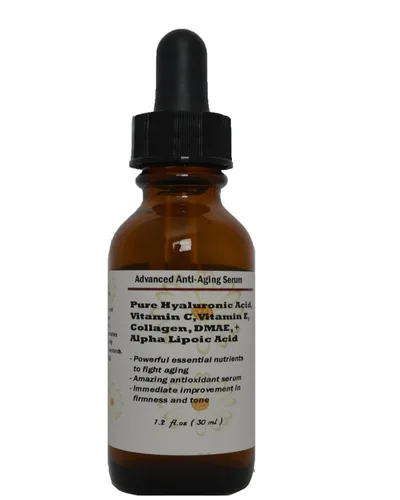Suero antienvejecimiento avanzado con ácido hialurónico puro, vitamina C, vitamina E, colágeno, DMAE y ácido alfa lipoico 1.2 oz