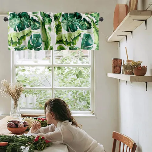 Vista 3 de Cenefas de cocina con hojas de Monstera verdes para ventanas, con bolsillo para cortinero de plantas tropicales, 52 x 18 pulgadas, cenefas